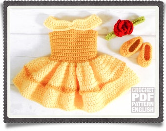 English PDF Crochet Pattern Beauty & The Beast Princess Belle Dress Set 3 Sizes Newborn-6 Months Instant Download Costume Outfit Halloween
