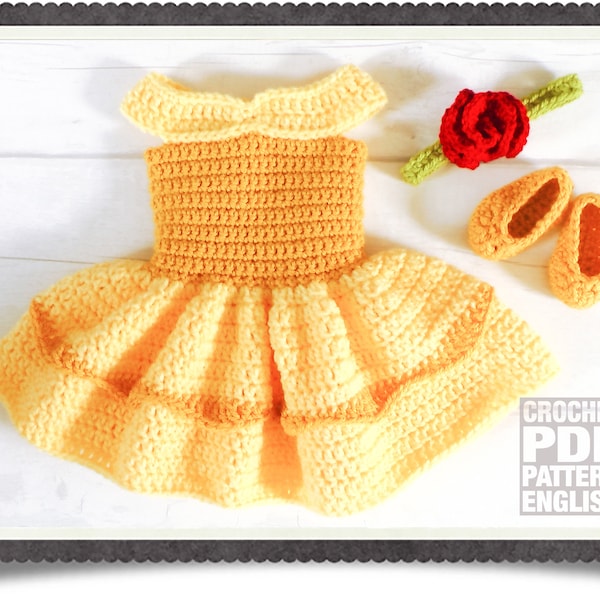 English PDF Crochet Pattern Beauty & The Beast Princess Belle Dress Set 3 Sizes Newborn-6 Months Instant Download Costume Outfit Halloween