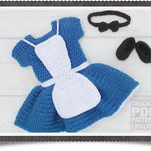 English PDF Crochet Pattern Alice in Wonderland Dress Set 3 Sizes Newborn-6 Months Instant Download Costume Outfit Halloween  Baby Photo