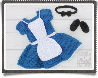 English PDF Crochet Pattern Alice in Wonderland Dress Set 3 Sizes Newborn-6 Months Instant Download Costume Outfit Halloween  Baby Photo