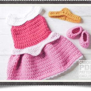 English PDF Crochet Pattern Sleeping Beauty Princess Aurora Dress Set Chunky Yarn 3 Sizes Newborn-6 Months Instant Download Costume Outfit