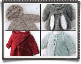 English 4 PDF Crochet Patterns Jacket Bundle Bear Bunny Aline Pixie Hood 5 Sizes 6 Months - 6 Years Instant Download Top Down Seamless Coat