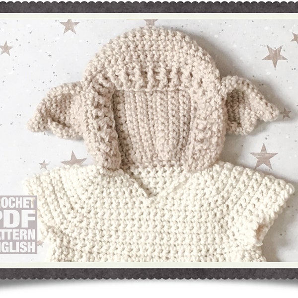 English PDF Crochet Pattern Little House Elf Hooded Tunic 6 Sizes 0-3 Months - 6 Years Instant Download Top Down Seamless Coat Wizard