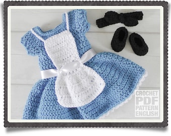 English PDF Crochet Pattern Alice in Wonderland Dress Set Chunky Yarn 3 Sizes Newborn-6 Months Instant Download  Outfit Halloween Baby Photo