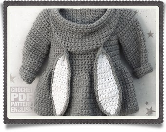 English PDF Crochet Pattern Hooded Bunny Jacket 5 Sizes 6 Months - 6 Years Instant Download Top Down Seamless Coat Sweater Easter Rabbit