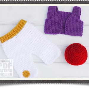 English PDF Crochet Pattern Prince Aladdin Set 3 Sizes Newborn-6 Months Instant Download Costume Outfit Halloween  Baby PhotoHat Waistcoat