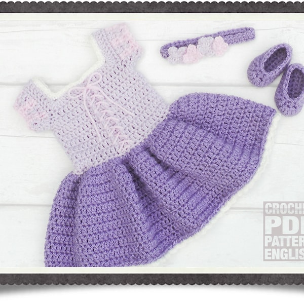 English PDF Crochet Pattern Princess Rapunzel Dress Set 3 Sizes Newborn-6 Months Instant Download Costume Outfit Halloween Baby PhotoTangled