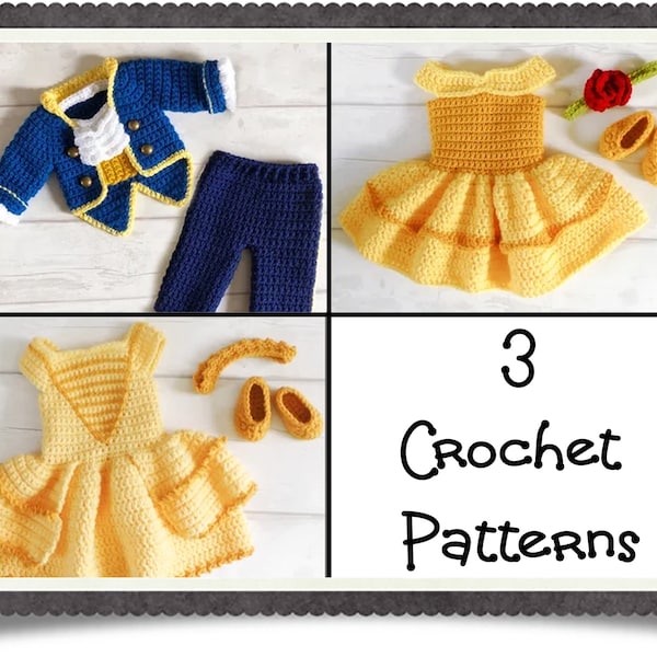 English 3 PDF Crochet Patterns Beauty & The Beast, Beast Princess Belle and Movie Belle Set 3 Sizes Newborn-6 Months Instant Download