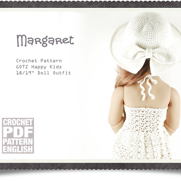 English PDF Crochet Pattern GOTZ Happy Kidz/Hannah 18/19" Doll Margaret Lacy Summer Dress and Bow Hat Instant Download Halter Neck  Sunhat