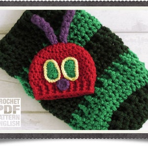 English PDF Crochet Pattern Very Hungry Caterpillar Hat & Cocoon 5 Sizes Newborn-12 Months Instant Download Sleeping Bag Blanket