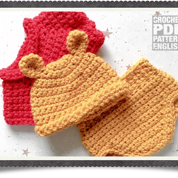 English PDF Crochet Pattern Baby Pooh Bear Hat, Top and Nappy/Diaper Cover Suit 5 Sizes Newborn - 2 Years Instant Download Animal Ears Teddy