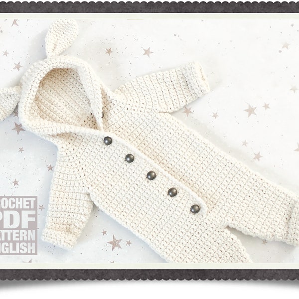 English PDF Crochet Pattern Little Lamb Hooded Suit 4 Sizes 0-3 Months - 2 Years Instant Download Top Down Seamless Coat Jacket