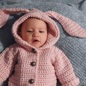 English PDF Crochet Pattern Chloe Bunny Hooded Suit 3 Sizes 0-3 Months 18 Months Instant Download Top Down Seamless Coat Jacket Onesie image 4