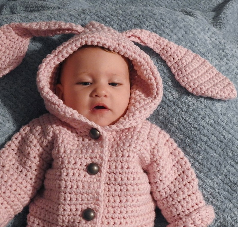 English PDF Crochet Pattern Chloe Bunny Hooded Suit 3 Sizes 0-3 Months 18 Months Instant Download Top Down Seamless Coat Jacket Onesie image 4