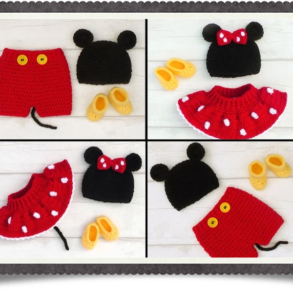 English 2 PDF Crochet Patterns Mickey and Minnie Mouse Set 3 Sizes Newborn-6 Months Instant Download Costume  Halloween  Baby Photography