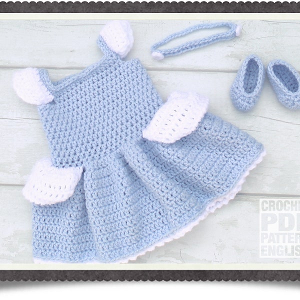 English PDF Crochet Pattern Princess Cinderella Dress Set 3 Sizes Newborn-6 Months Instant Download Costume Outfit Halloween Baby Photo Prop