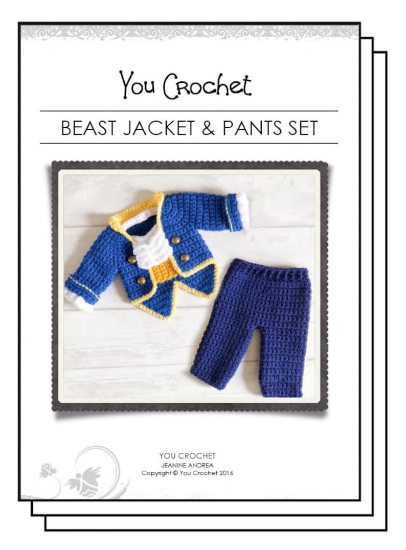 English PDF Crochet Pattern Beauty and the Beast Set 3 Sizes Newborn-6 Months Instant Download Costume Outfit Halloween Baby Pants Jacket image 2