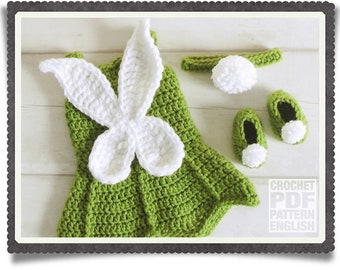 English PDF Crochet Pattern Tinkerbell Fairy Dress Set Chunky Yarn 3 Sizes Newborn-6 Months Instant Download Costume Outfit Halloween Baby