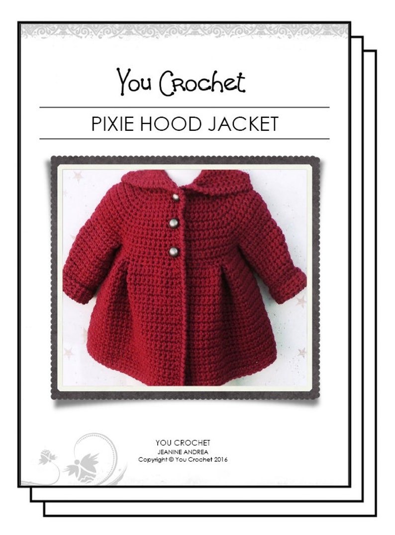 English PDF Crochet Pattern Hooded Pixie Jacket 4 Sizes 6 Months 5 Years Instant Download Top Down Seamless Coat Little Red Riding Hood image 2