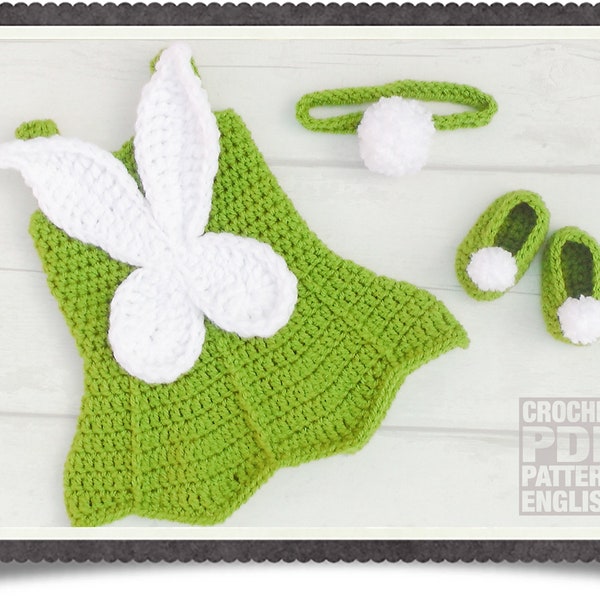 English PDF Crochet Pattern Tinkerbell Fairy Dress Set 3 Sizes Newborn-6 Months Instant Download Costume Outfit Halloween Baby Photo Wings