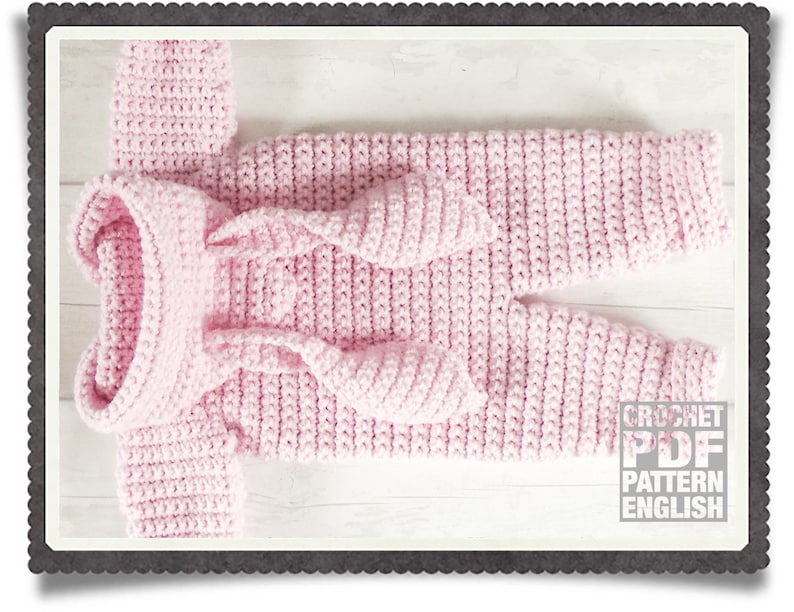 English PDF Crochet Pattern Chloe Bunny Hooded Suit 3 Sizes 0-3 Months 18 Months Instant Download Top Down Seamless Coat Jacket Onesie image 1