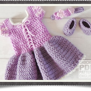 English PDF Crochet Pattern Princess Rapunzel Dress Set Chunky Yarn 3 Sizes Newborn-6 Months Instant Download Costume Outfit Halloween Baby