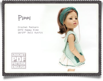 English PDF Crochet Pattern GOTZ/Designafriend 18" Doll Pippi's Outfit Apron/Skirt and Headband Set Instant Download Criss Cross  Pinafore