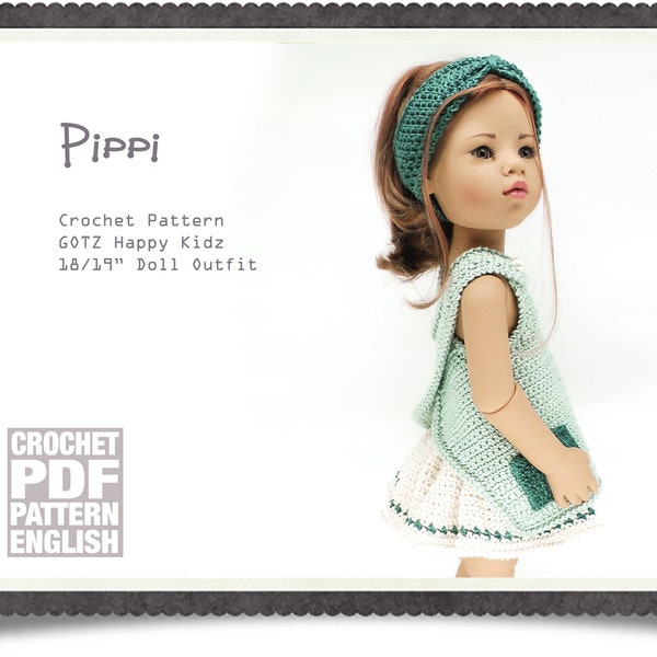 English PDF Crochet Pattern GOTZ/Designafriend 18" Doll Pippi's Outfit Apron/Skirt and Headband Set Instant Download Criss Cross  Pinafore