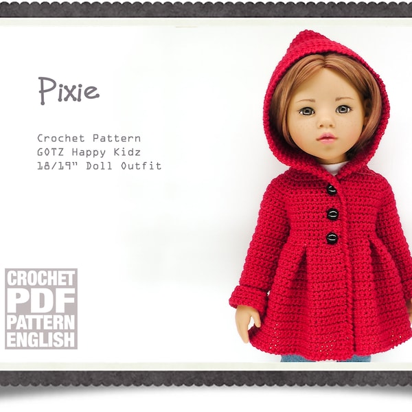 English PDF Crochet Pattern GOTZ/Designafriend 18" Doll Pixie Hood Jacket Instant Download Top Down Seamless Jumper Sweater Cardigan Coat
