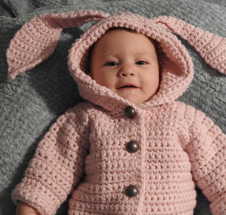 English PDF Crochet Pattern Chloe Bunny Hooded Suit 3 Sizes 0-3 Months 18 Months Instant Download Top Down Seamless Coat Jacket Onesie image 6