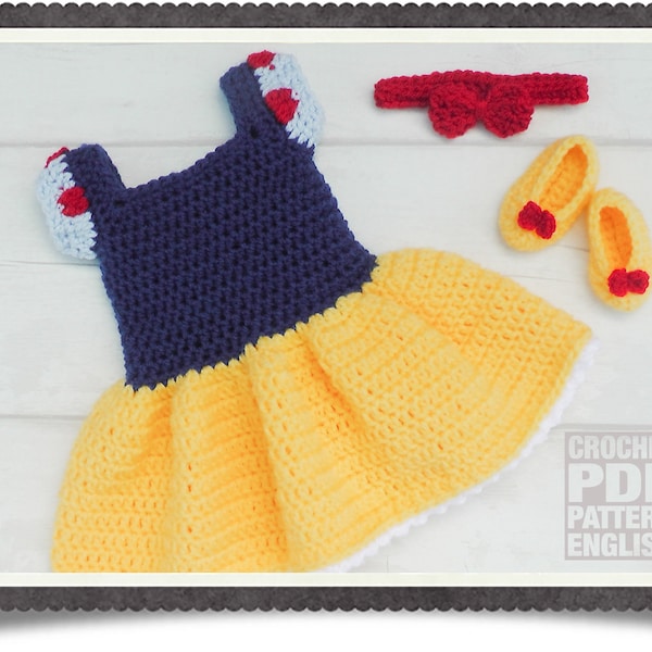 English Crochet Pattern Princess Snow White Dress Set 3 Sizes Newborn-6 Months Instant Download Costume Outfit Baby Photo Seven Dwarfs