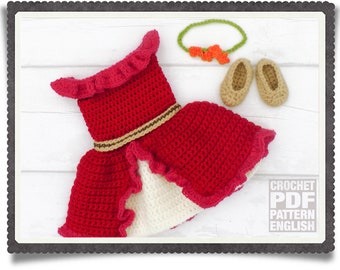 English PDF Crochet Pattern Princess Elena of Avalor Dress Set 3 Sizes Newborn-6 Months Instant Download Outfit Halloween Baby Photo Prop