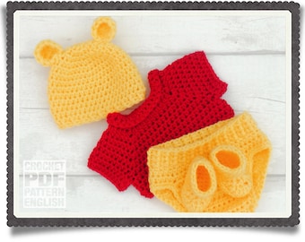 English PDF Crochet Pattern Baby Pooh Bear Hat, Top and Nappy/Diaper Cover Boots Suit 3 Sizes Newborn - 6 Months Instant Download Teddy