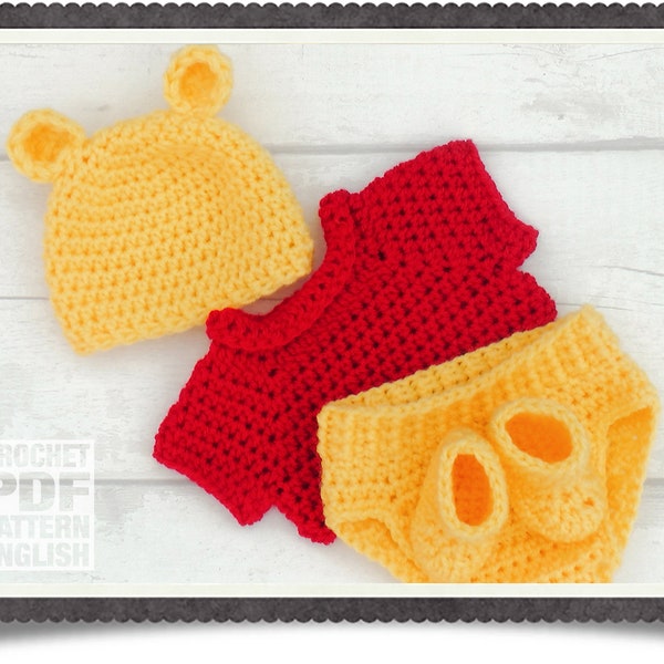 English PDF Crochet Pattern Baby Pooh Bear Hat, Top and Nappy/Diaper Cover Boots Suit 3 Sizes Newborn - 6 Months Instant Download Teddy