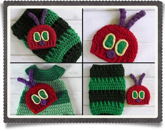 English 2 PDF Crochet Patterns Hungry Caterpillar Hat, Cocoon and Dress Set 5 Sizes Newborn-12 Months Instant Download Costume Outfit Baby