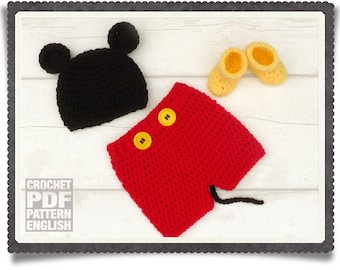 English PDF Crochet Pattern Mickey Mouse Set 3 Sizes Newborn-6 Months Instant Download Costume Outfit  Baby Hat Diaper/Nappy Cover Boots