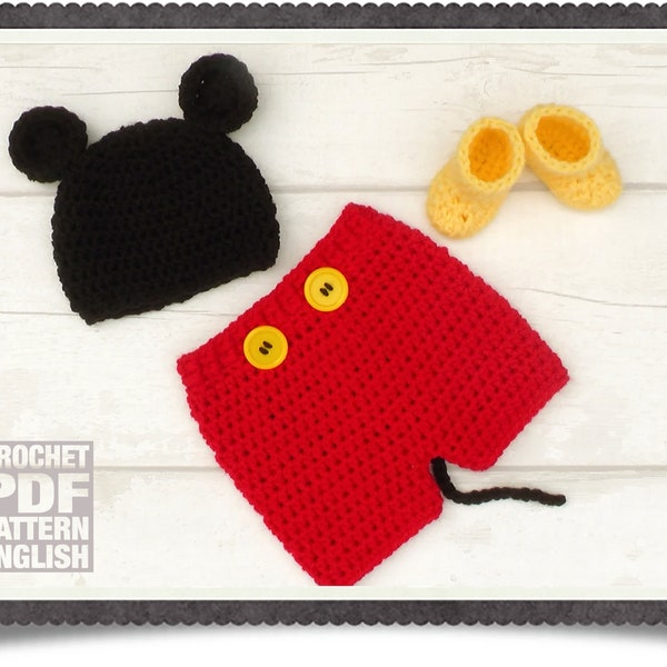 English PDF Crochet Pattern Mickey Mouse Set 3 Sizes Newborn-6 Months Instant Download Costume Outfit  Baby Hat Diaper/Nappy Cover Boots