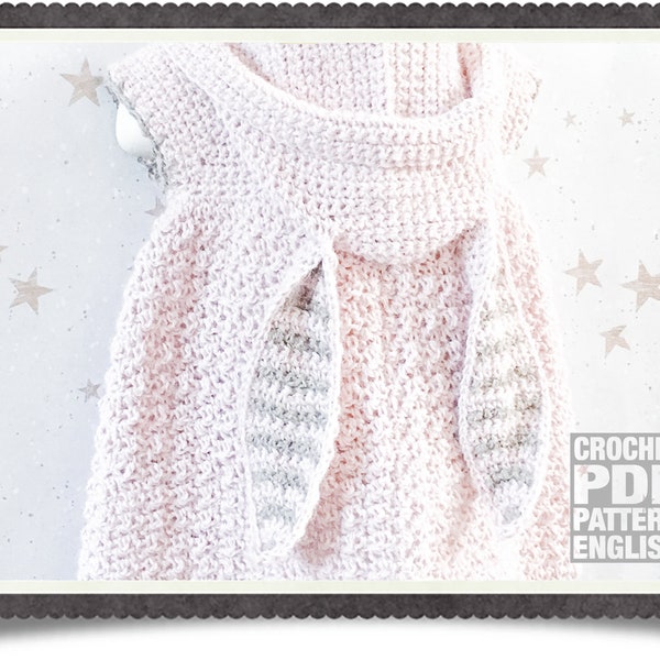 English PDF Crochet Pattern Little Bunny Hooded Dress 5 Sizes 6 Months - 6 Years Instant Download Top Down Seamless Coat Jacket Easter