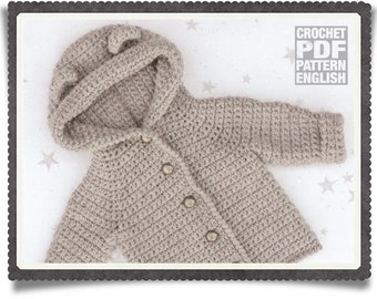 English PDF Crochet Pattern Hooded Bear Jacket 5 Sizes 6 Months - 6 Years Instant Download Top Down Seamless Coat Sweater