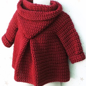 English PDF Crochet Pattern Hooded Pixie Jacket 4 Sizes 6 Months 5 Years Instant Download Top Down Seamless Coat Little Red Riding Hood image 3