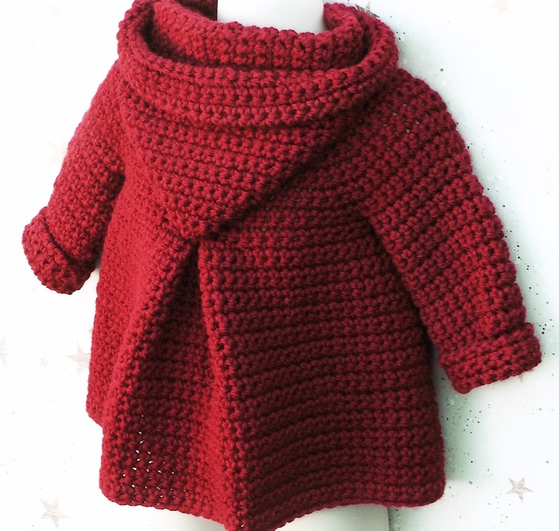 English PDF Crochet Pattern Hooded Pixie Jacket 4 Sizes 6 Months 5 Years Instant Download Top Down Seamless Coat Little Red Riding Hood image 3