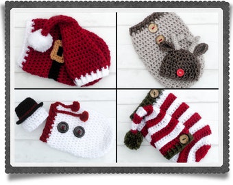 English 4 PDF Crochet Patterns Christmas Bundle Santa Reindeer Snowman Elf Hat and Cocoon Sets 2 Sizes Newborn 0-3 Months Baby Photo Prop