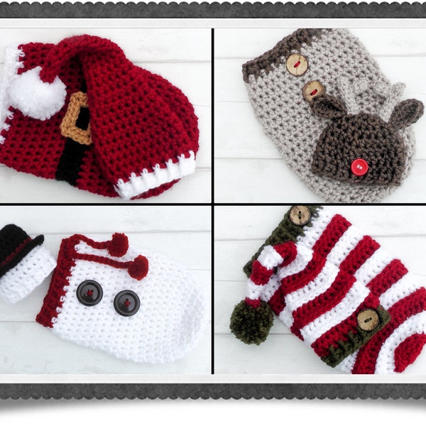 English 4 PDF Crochet Patterns Christmas Bundle Santa Reindeer Snowman Elf Hat and Cocoon Sets 2 Sizes Newborn 0-3 Months Baby Photo Prop