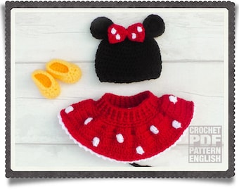 English PDF Crochet Pattern Minnie Mouse Set 3 Sizes Newborn-6 Months Instant Download Costume Outfit Halloween Baby Hat Diaper/Nappy Cover