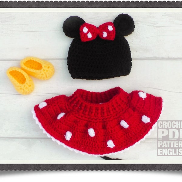 English PDF Crochet Pattern Minnie Mouse Set 3 Sizes Newborn-6 Months Instant Download Costume Outfit Halloween Baby Hat Diaper/Nappy Cover