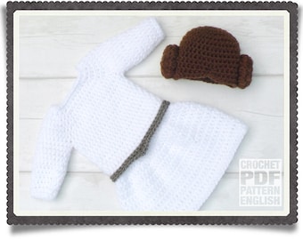 English PDF Crochet Pattern Princess Leia Dress Set 3 Sizes Newborn-6 Months Instant Download Costume Outfit Halloween Baby Photo  Star Wars