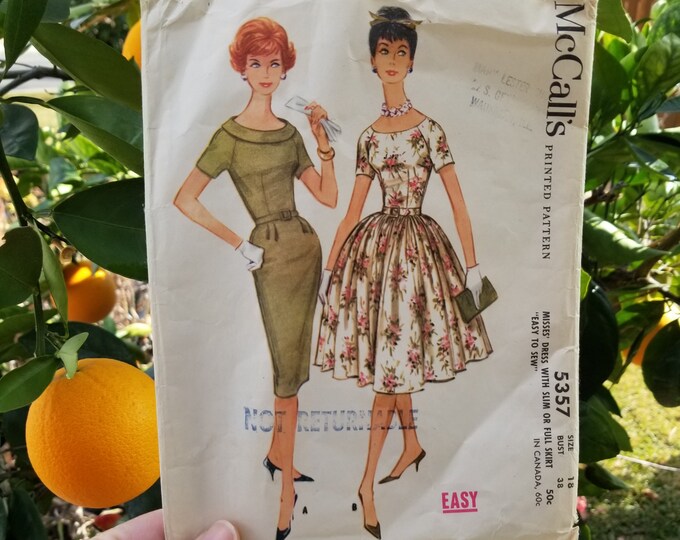1960 Mccall's Misses' Dress W/slim or Full Skirt Pattern 5357, Size 18 ...