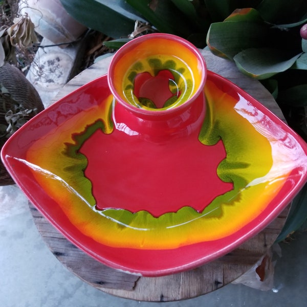 Vibrant Vintage California Pottery Chip & Dip Set Made in USA #743