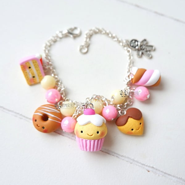 Kawaii-Bäckerei-Armband aus Fimo, Süßigkeiten-Armband aus Fimo, Cupcake, Kuchen, Donut, Marshmallow, Herz, Keks, Lebkuchen