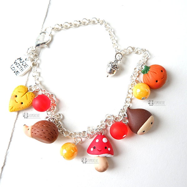 Autumn bracelet with kawaii charms, Fall Collection, leaf, hedgehog, mushroom, chestnut, pumpkin handmade in fimo without the use of molds